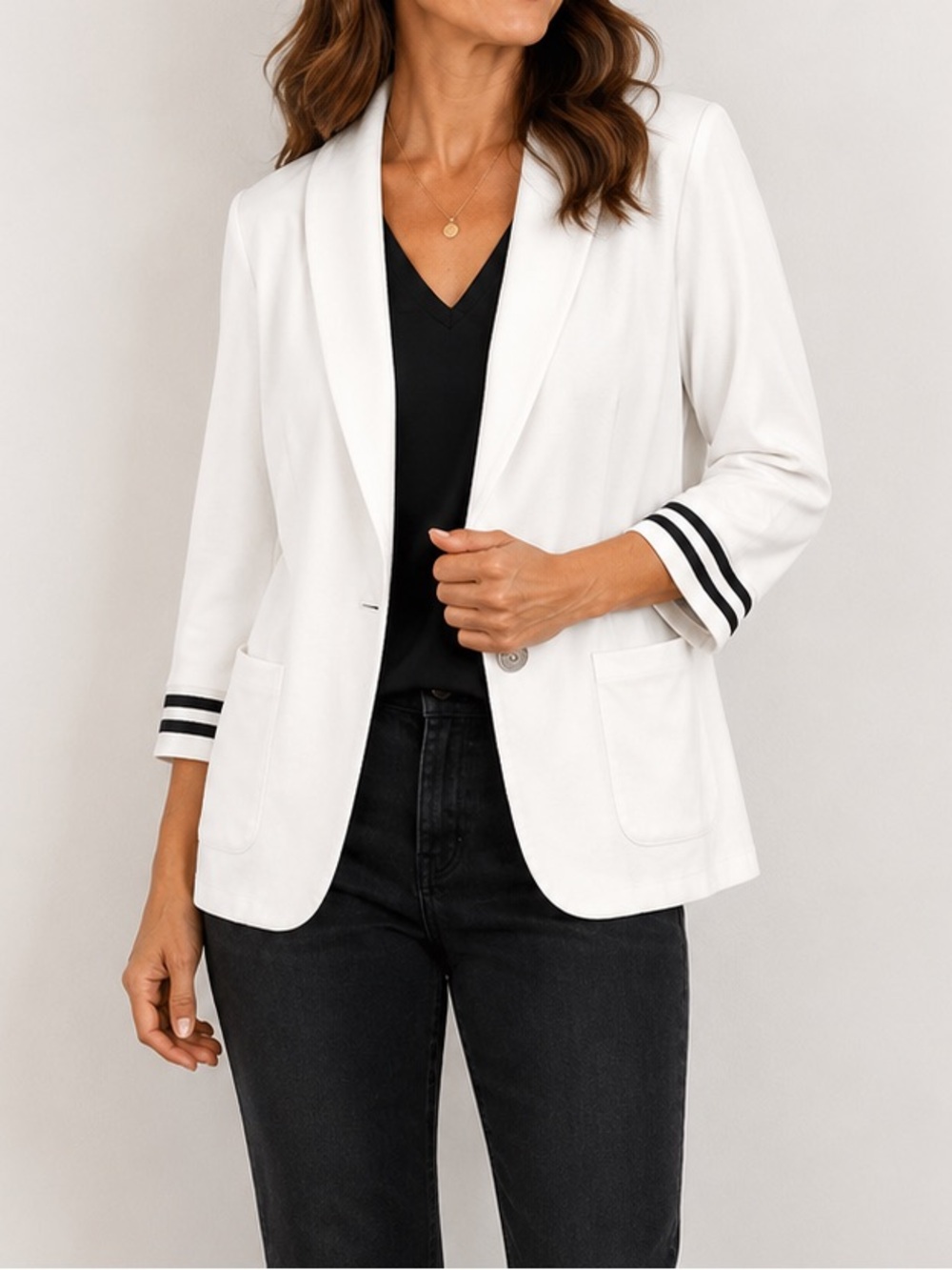 Susan Graver White Blazer with Black Striped Cuffs